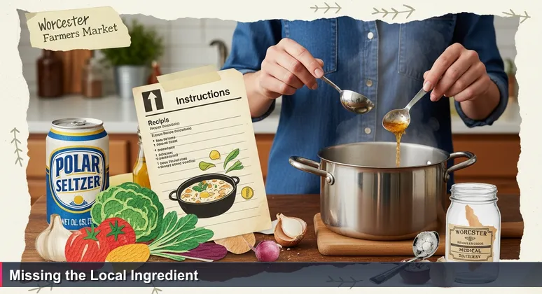 A frustrated person in a kitchen measuring ingredients, with Worcester-specific items like a Polar Seltzer can and medical dataset container, symbolizing the challenge of applying AI skills locally.