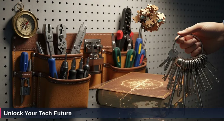 A weathered leather tool belt on a pegboard, with compartments holding tech tools like screwdrivers and testers, each locked, and a hand holding a key ring with many keys.