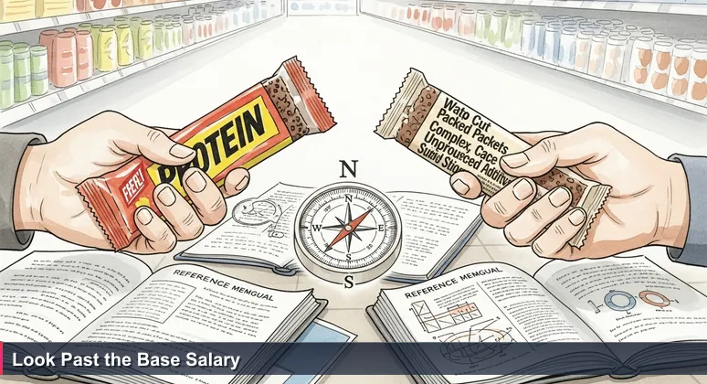 Hands comparing two protein bars in a grocery aisle, symbolizing the choice between AI salary offers in Worcester, MA.