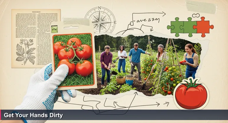 A person in clean gardening gloves holding a seed packet, gazing over a fence at a vibrant community garden where people are laughing, sharing tools, and harvesting tomatoes.