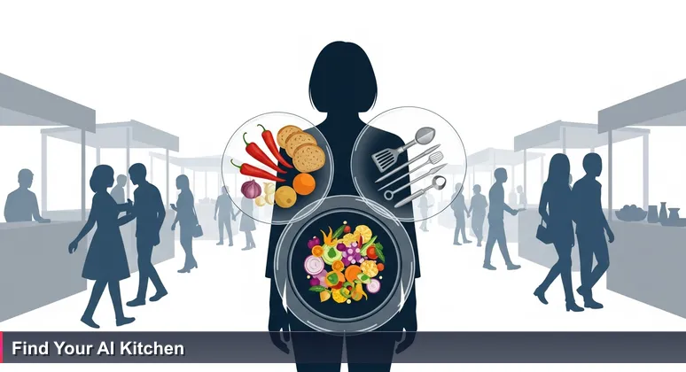 A person in Worcester Public Market holding an empty plate, surrounded by food stalls symbolizing diverse AI career opportunities in healthcare, insurance, and robotics.