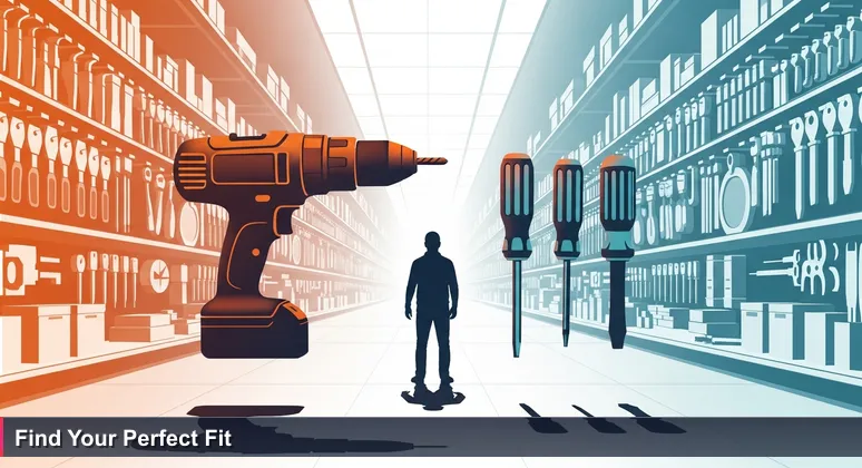 A person in a hardware store aisle, choosing between a power drill and screwdriver, symbolizing tech career choices in Worcester, MA.