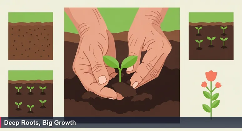 Close-up of a gardener's weathered hands holding a green seedling while testing rich soil in a Worcester community garden, symbolizing the nurturing of AI startups.