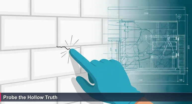 A home inspector's hand tapping a pristine tiled wall with a hairline crack, symbolizing hidden costs in Worcester's affordability for tech professionals.