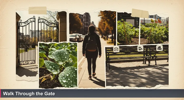 A person in Worcester walking past an open library gate, overlooking free tech training resources like laptops and coding symbols for AI careers.