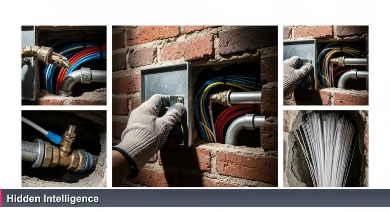 A close-up of a hand in work gloves opening an access panel on a historic Worcester factory brick wall, revealing modern fiber-optic cables integrated with old industrial infrastructure.