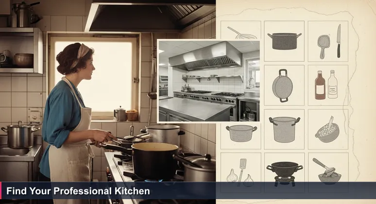 A person in a small, cluttered home kitchen gazes longingly at a flyer showing a spacious, modern professional kitchen with industrial equipment.