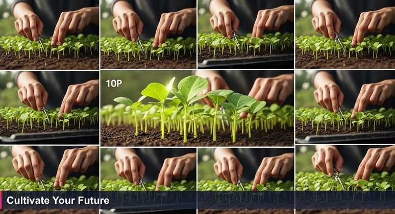 Gardener's hands selecting seedlings from a tray, symbolizing strategic career choices for junior developers in Worcester's tech startups.