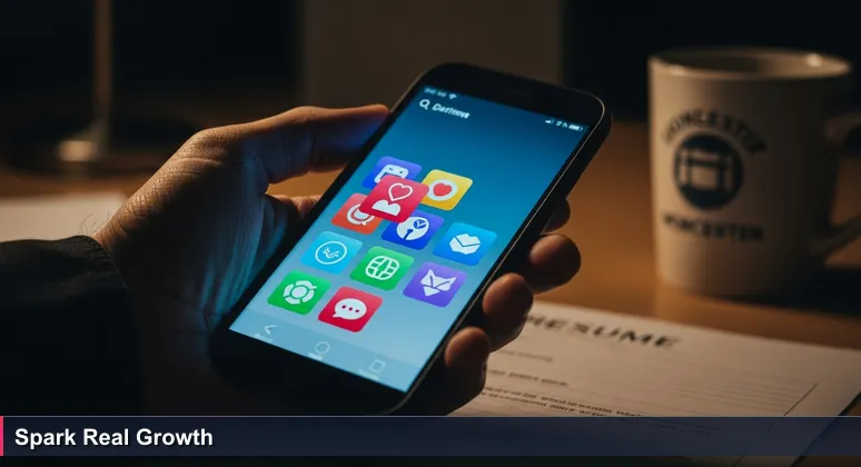 A hand holding a smartphone at night with dating app icons, on a messy desk with a resume and Worcester coffee mug