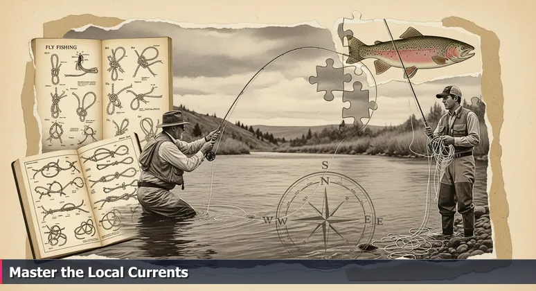 A fly fisher expertly casting on the Yellowstone River, with a beginner watching from the bank, symbolizing the start of an AI career in Billings, Montana.