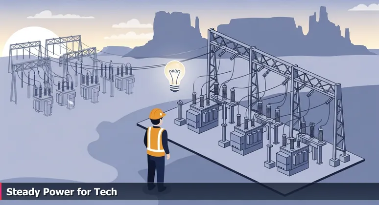 A utility technician at a humming electrical substation at dawn, with the Rimrocks in silhouette, symbolizing stable tech infrastructure in Billings, MT.