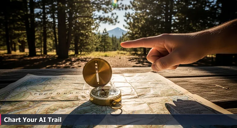 A hand points confidently towards a distant ridge on a topographical map of the Pryor Mountains, with a compass on the side, symbolizing navigating AI career paths in Billings.