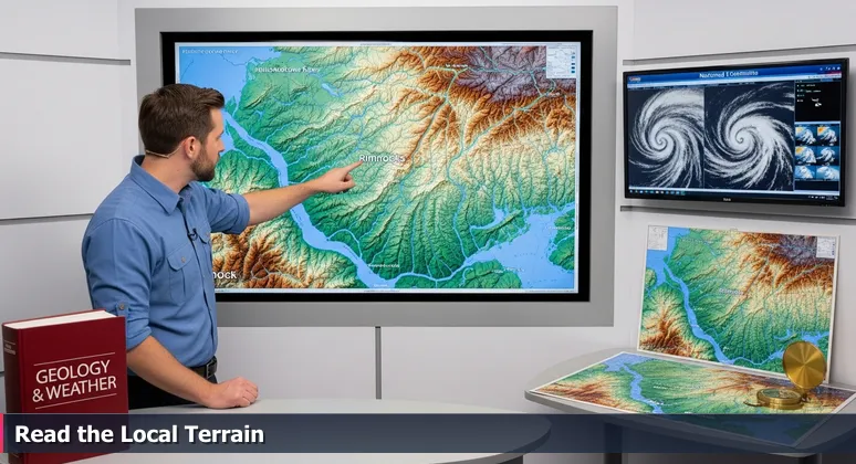 A local meteorologist points at a topographical map of Yellowstone Valley in Billings, MT, with cybersecurity storm graphics on a screen behind, symbolizing local job insights.