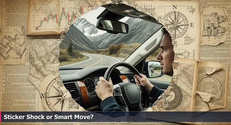 A person gripping an SUV steering wheel, eyes fixed on the dashboard price, with blurred Montana mountains through the window, symbolizing financial decisions in moving to Billings.