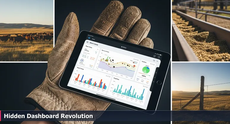 A dusty rancher's leather glove holds a tablet displaying an AI dashboard for cattle logistics, set against Montana's Beartooth foothills.