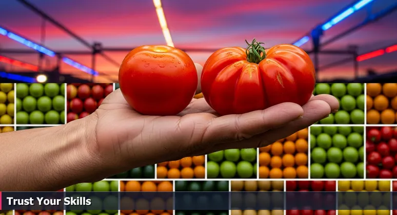 A hand at Billings Farmers Market holding a perfect supermarket tomato and a vibrant heirloom tomato, symbolizing the choice between formal credentials and practical skills in tech jobs.