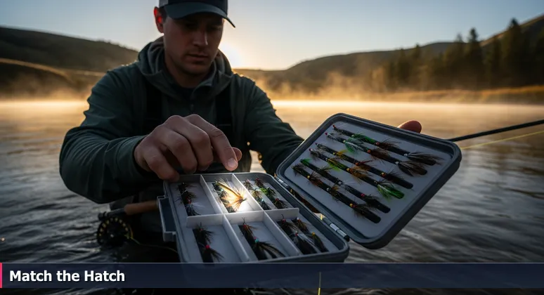 A fly fisher on the Yellowstone River at dawn, selecting a fly to match the hatch, symbolizing strategic job choices for junior developers in Billings, Montana's tech startup scene.