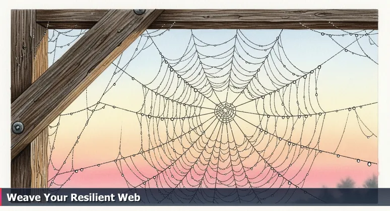 A dew-laden spiderweb at dawn in the historic Billings Depot, symbolizing the resilient and interconnected women in tech community.