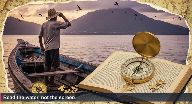 A Seychellois fisherman in a straw hat stands at the bow of a wooden pirogue at dawn, reading the wind ripples on the water, with Mahé mountains in the background. No screens.
