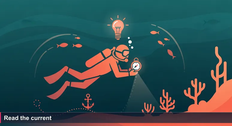 A scuba diver floating above a coral reef, checking a dive computer, symbolizing the need to navigate the Seychelles tech job market carefully.