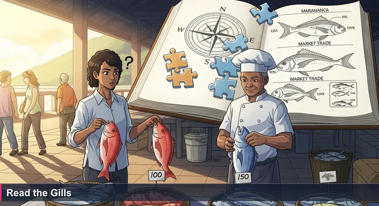 A young Seychellois professional at the Victoria fish market, holding two red snapper fish tagged 100 SCR and 150 SCR. Beside them, an older chef lifts a gill to inspect, smiling knowingly.