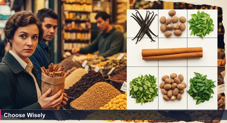 Shopper at Victoria Market in Seychelles holding a bag of cinnamon, contemplating its quality among spice stalls.