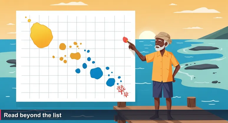 An elderly Seychellois fisherman studies a nautical chart on the dock at Victoria's fish market at dawn, representing the careful navigation needed for choosing a tech career path.