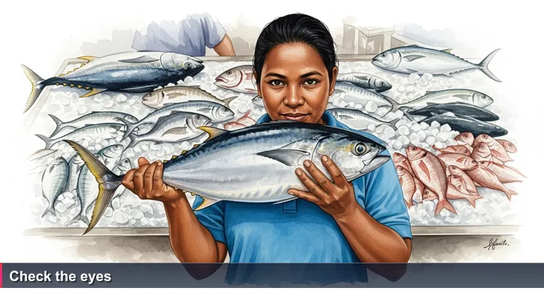 A Seychellois woman at Victoria Market carefully inspects a tuna's eyes and flesh, symbolizing the discernment needed to choose the right AI bootcamp.