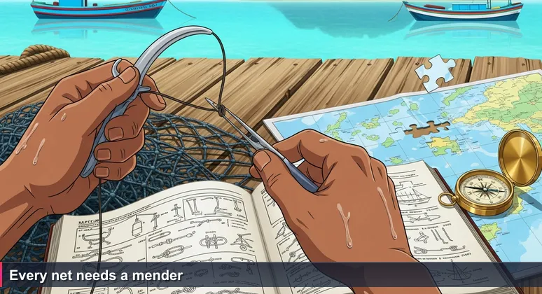 Brown hands mending a fishing net on a dock in Mahé, Seychelles, with turquoise lagoon and boats.