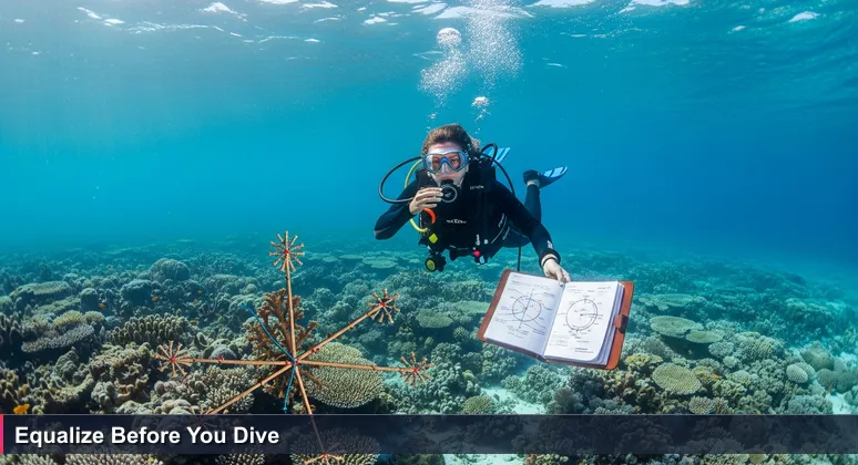 A scuba diver in Seychelles waters grimacing as she equalizes her ears, descending toward a colorful coral reef, representing the pressure of high living costs on a tech salary.