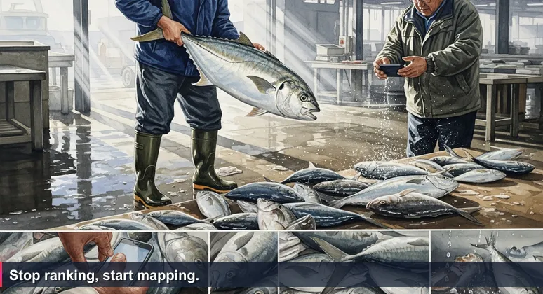 A fisherman in rubber boots holds a silver jackfish at the Victoria fish market at dawn, while a buyer with a smartphone points at the catch.