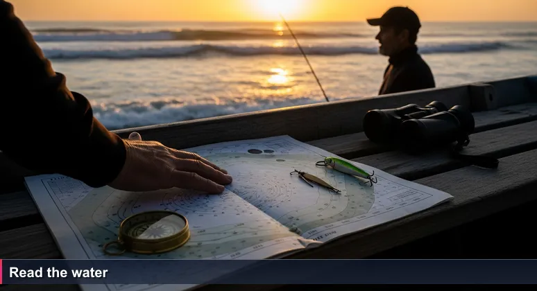 An open tide chart, salt-stained at the edges, lies on a wooden boat bench at sunrise; a weathered hand hovers over tide times, the sea and reef beyond.