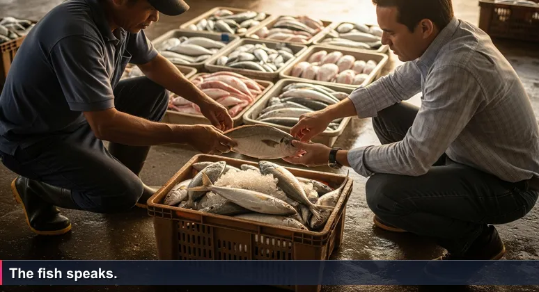 Dawn at Victoria Market, Mahé. A fisherman kneels beside a crate of jobfish, fanning ice. A hotel buyer inspects fish gills with a thumb. No certificates exchanged.