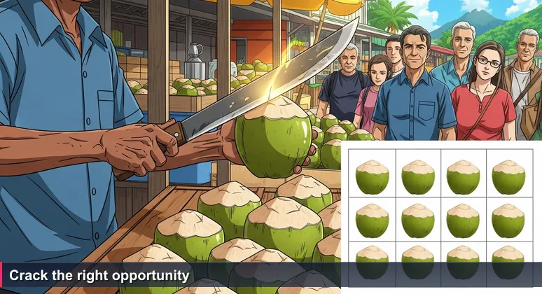 A Seychellois vendor skillfully taps a coconut at a roadside market in Victoria, symbolizing the hidden quality of tech startup opportunities for junior developers.