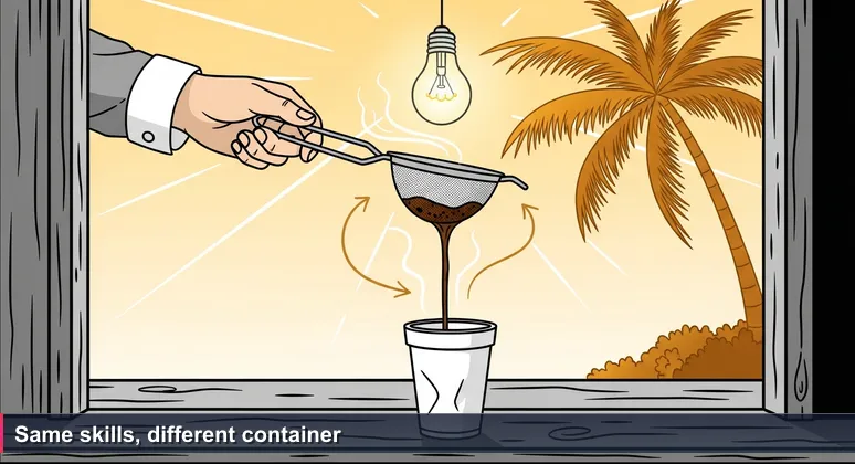A weathered wooden counter at a kiosko in Piñones, Puerto Rico, with a barista's hand pouring coffee from a metal strainer into a white styrofoam cup, coconut palms and golden afternoon light in background.