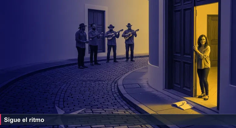 A warm evening in Old San Juan with blue cobblestones, an open door spilling golden light, and people inside playing maracas and cuatro, while a newcomer stands at the threshold smiling uncertainly.