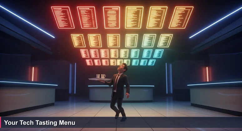 A person in a food court looks at glowing menu boards with tech program names like Microsoft LEAP and Evertec, feeling overwhelmed by choices.