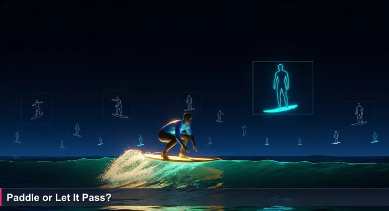 A surfer at dawn in Rincón, Puerto Rico, crouched on a shortboard, ready to paddle for a wave, symbolizing the decision to choose the right bootcamp.