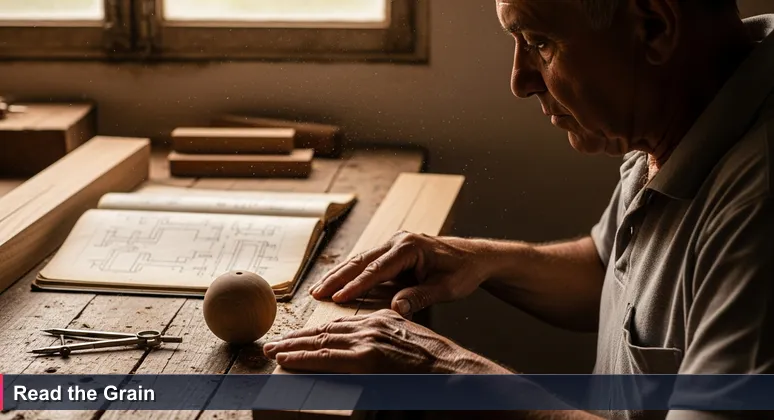 An older carpenter's weathered hand running across raw mahogany wood grain on a sunlit workbench, with a metal ruler lying unused beside him, sawdust in the air.