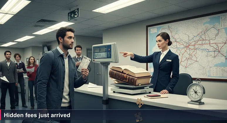 Traveler at airport gate with carry-on being weighed by agent, expression showing dread as hidden fees become real. Fluorescent lighting.