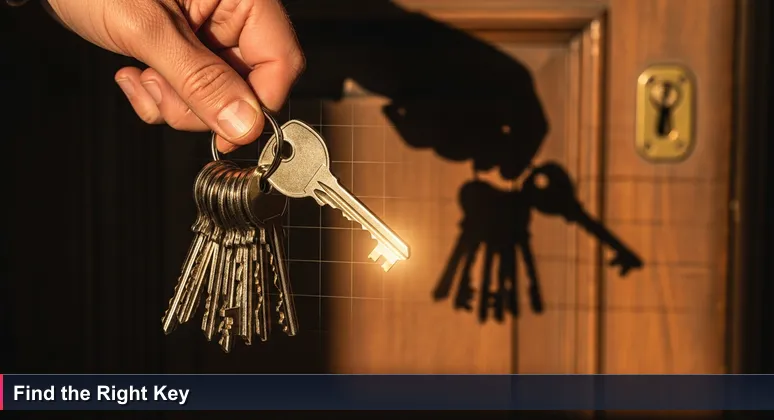 A hand holding a ring of mismatched keys in front of a closed door, sunlight highlighting the keys