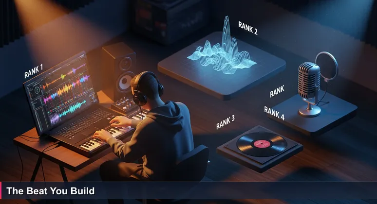 A music producer in a Santurce studio, headphones on, focused on laptop screen showing audio waveform, no diploma in sight, symbolizing skills-first careers.