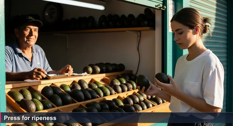 A shopper at a San Juan farmers market holds two avocados, one in each hand, pressing gently on the skin of one while a vendor watches with an amused smile.