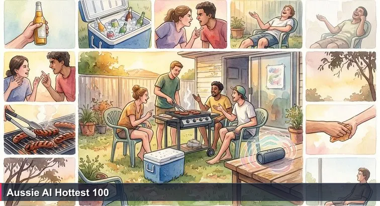 A backyard Australia Day scene: friends gathered around a sweating esky and a Bunnings BBQ, a Bluetooth speaker playing triple j’s Hottest 100 while a handwritten ‘predictions’ sheet is taped to a sliding door
