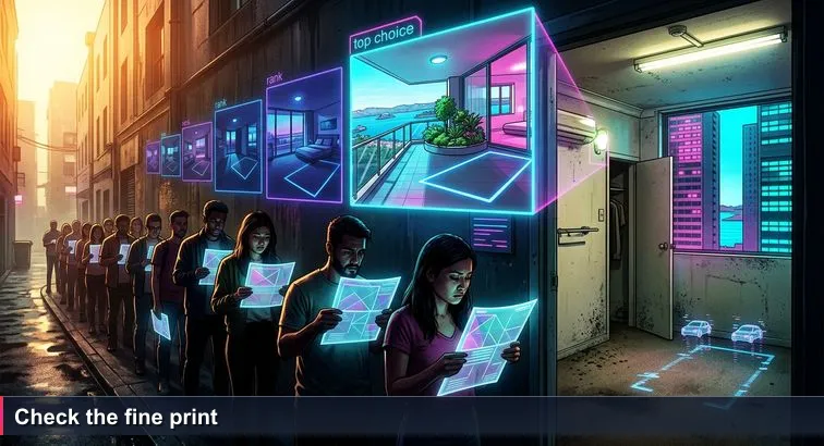 Crowded Sydney rental inspection line in the sun, people holding circled printouts labelled “TOP 10”, with a tiny apartment interior showing a sliver of harbour view and a wardrobe hinting at mould.