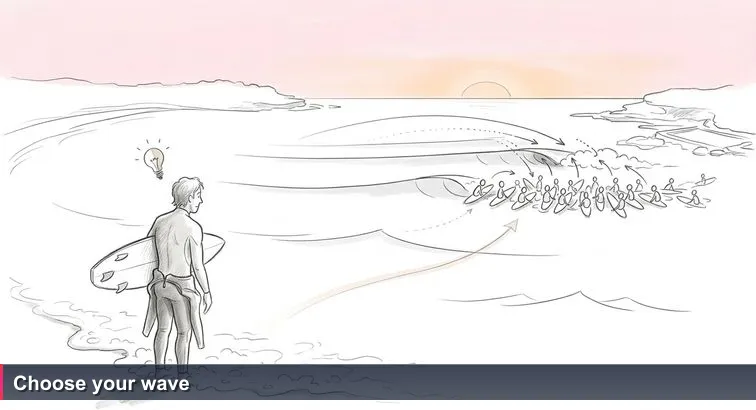 Dawn at Bondi Beach: a lone surfer stands ankle-deep holding a board, looking out at a crowded line-up of surfers and a clean set rolling in, pale pink sky above.
