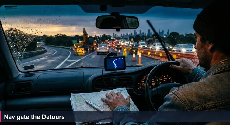 A lone car at dusk on the Hume Highway; a glowing GPS on the windscreen shows a blue route while ahead there are orange cones, a DETOUR sign, rain on the glass and taillights in slow traffic.