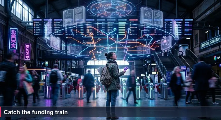 A young woman stands in Sydney Central Station at 8am, backpack and laptop visible, staring at a crowded rail network map while commuters pass by.