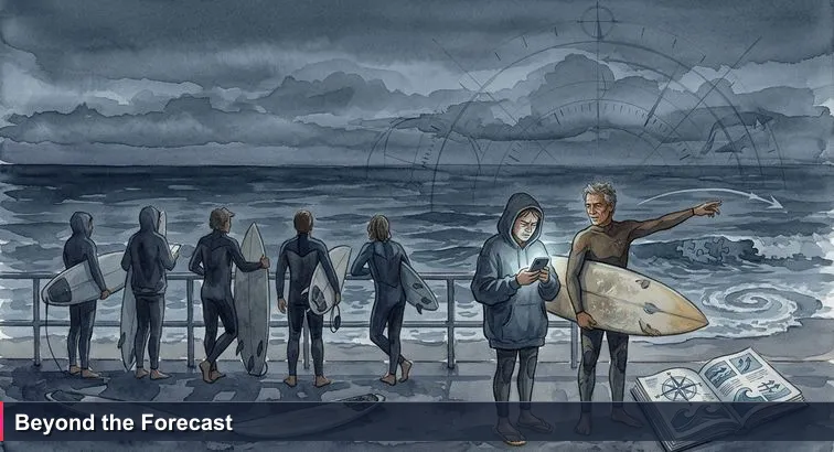 Pre-dawn Bondi scene: a learner in wetsuit checks a glowing surf app while local surfers gaze at distant bigger waves - a metaphor for reading hidden patterns behind headline salary numbers.