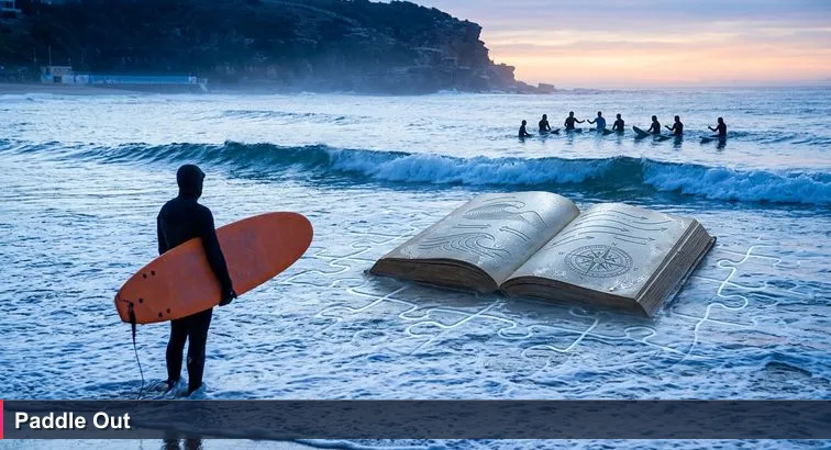 Pre-dawn Bondi Beach scene: a lone beginner with a foam surfboard stands in the whitewash while a tight cluster of local surfers sits out on the breaking line-up.